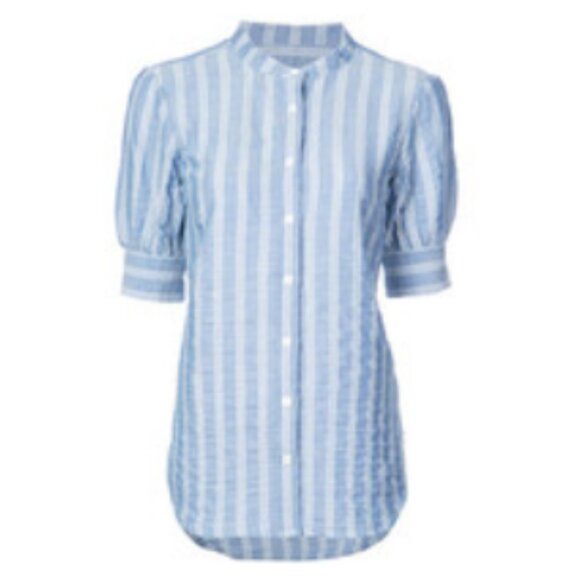 Veronica Beard Light Blue Vertical Striped Short Sleeve Button Down Shirt - Picture 4 of 14